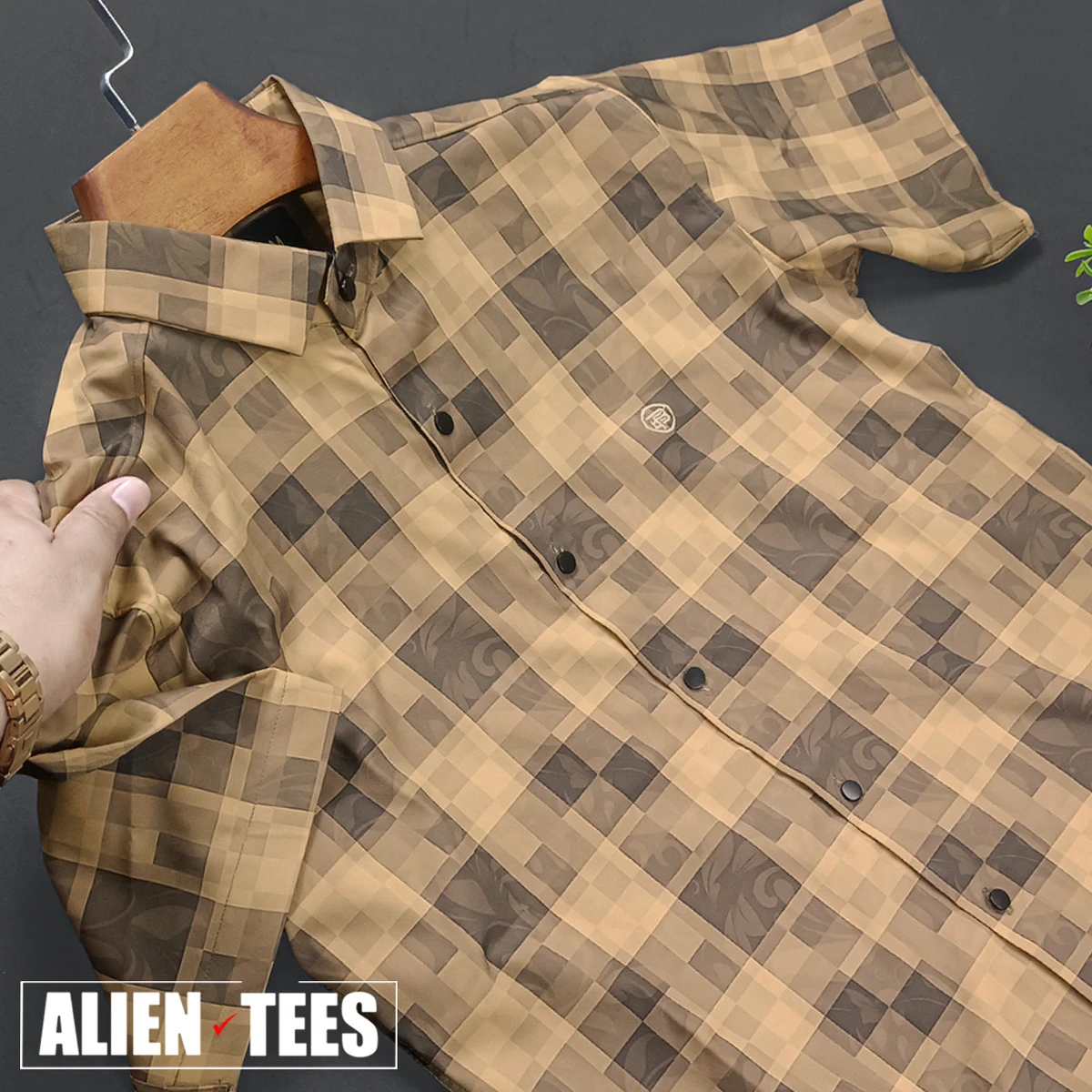 H116 Mustard Check Half Shirt