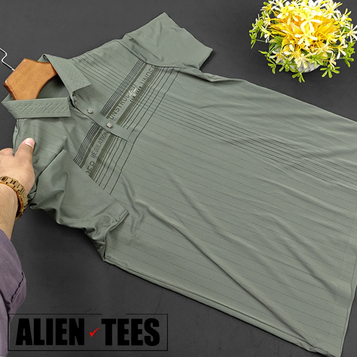 R208 Grey Green Crafted Collar Polo Shirt - Image 3