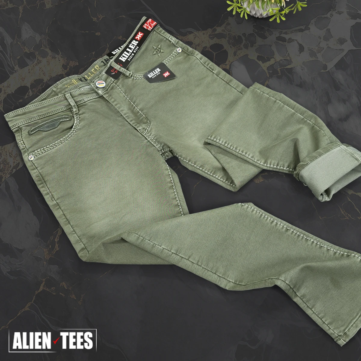 J164 Olive Green Jeans Pant - Image 3