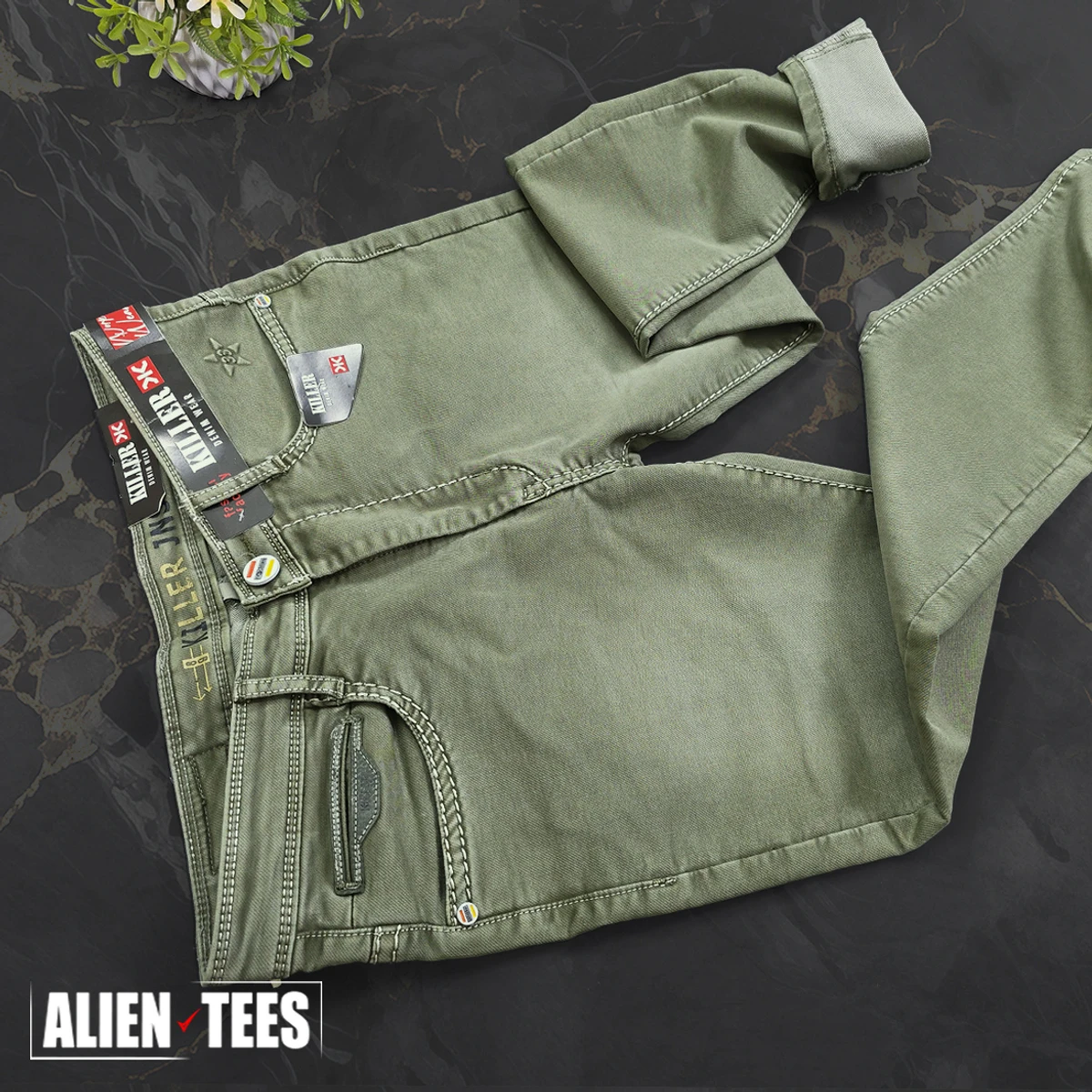 J164 Olive Green Jeans Pant - Image 4