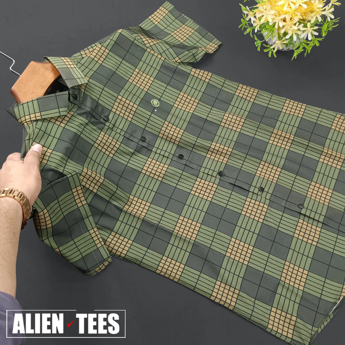 H121 Green Onion Check Half Shirt