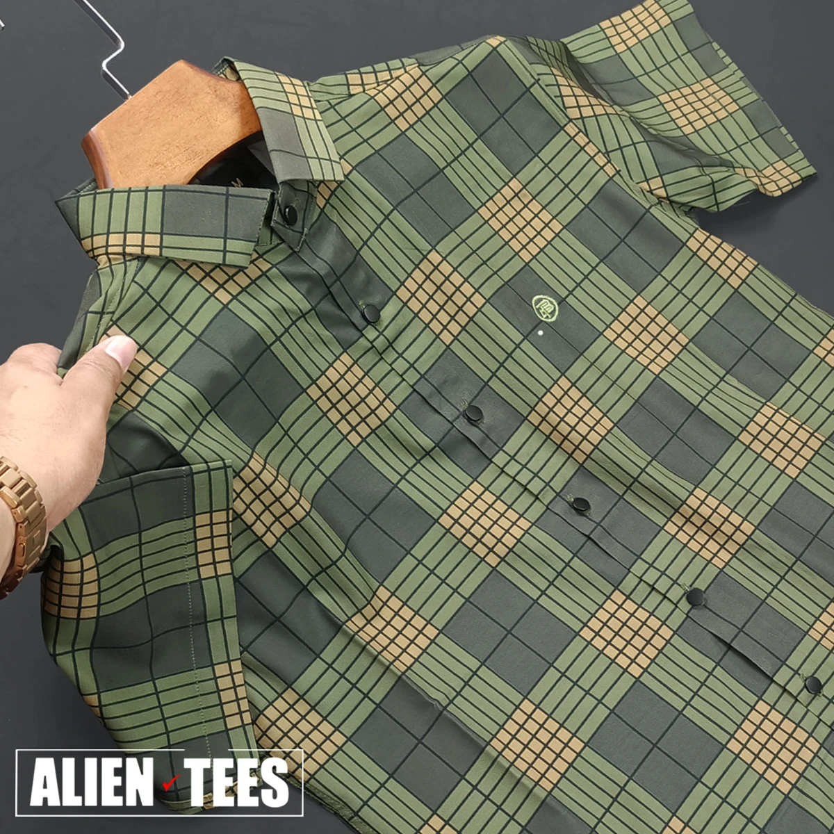 H121 Green Onion Check Half Shirt