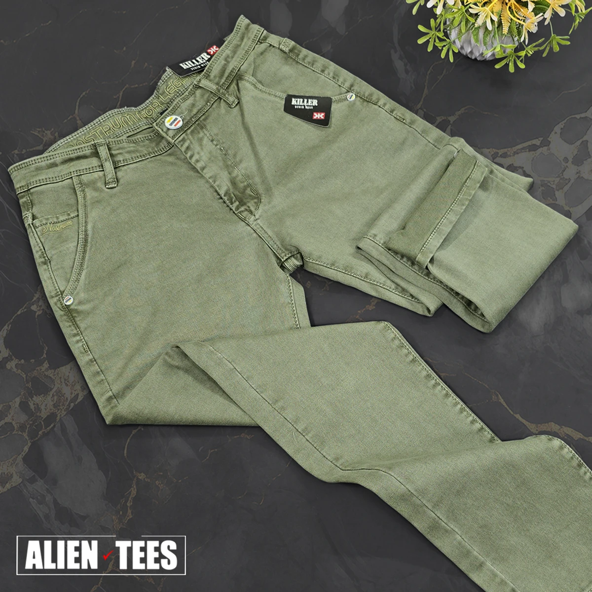 J168 Olive Green Jeans Pant - Image 3