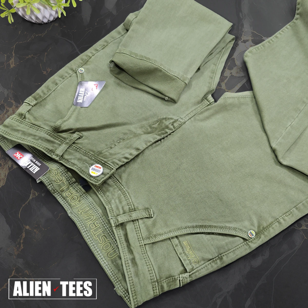 J168 Olive Green Jeans Pant - Image 4